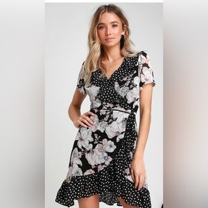 LuLu’s Lesley Black Print Ruffled Wrap Dress Floral Polka Dot Size XL